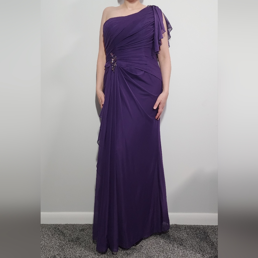 Rina di Montella Purple One Shoulder Ruched Evening Gown 12